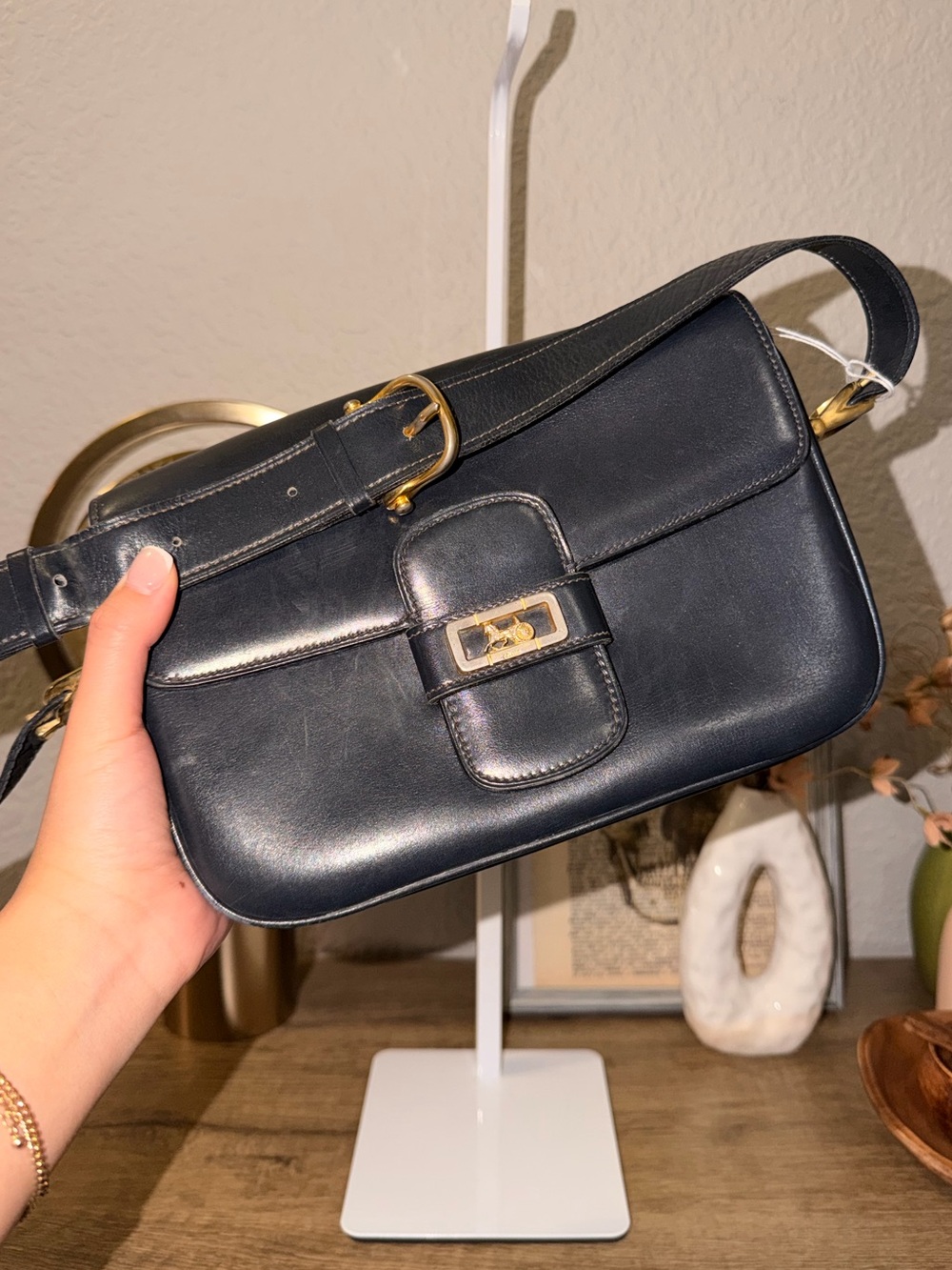 Vintage Black Leather Celine Shoulder Bag with Gold Hardware